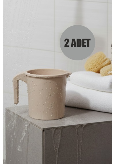 2'li Plastik Saplı Maşrapa 1600 Ml Tuvalet Banyo Plastik Su Kabı Kahverengi Bej - Kahverengi