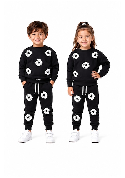 Mavi Boncukk Çocuk Unisex Kabartma Baskılı Detaylı Oversize Alt Üst Eşofman Takımı Siyah