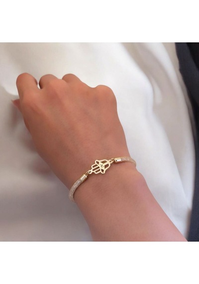N Harfine Özel Hamsa Motifli 14 Ayar Altın Plakalı Hasır Kordonlu Hediye Bileklik-499harf N