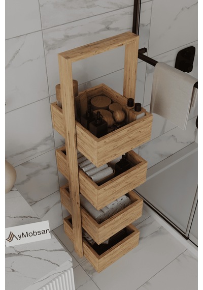 Multi Çok Amaçlı Banyo Rafı, Sepetli Çok Amaçlı Raf, 4 Raflı 120 Cm, Atlantik Çam Atlantik Çam