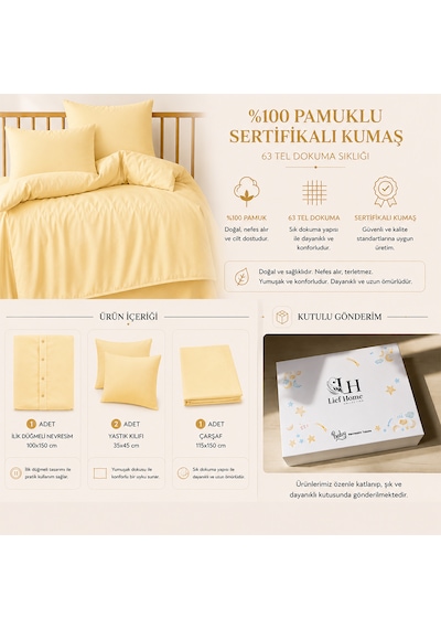 Lief Home %100 Pamuklu Sertifikalı Bebek Nevresim Takımı 100x150 63 Tel Dokuma Kutulu Gönderim Sarı