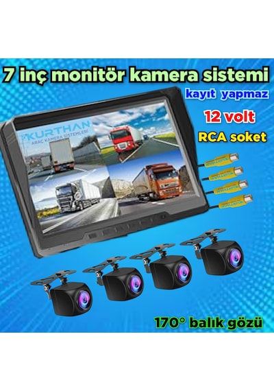 Kayıtsız 7 İnç Monitör Ve 4 Adet 170'' Açılı Kamera Set 12 V