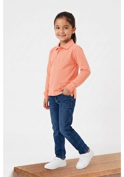 Nacar Store Unisex Çocuk Uzun Kollu Polo Yaka Lakost Okul Tişörtü Somon