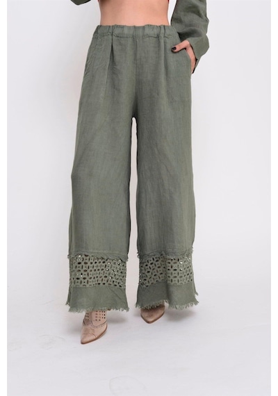Bohem Stil İtalyan Fisto Detaylı Keten Pantolon-8748 Haki