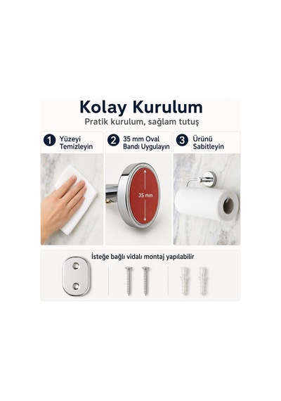İris Solo Havluluk, Krom Kaplama, Yapışkanlı Ve Vidalı Montaj, 35 Mm Oval Bantlı Rulo Havlu Askısı Cok Renkli