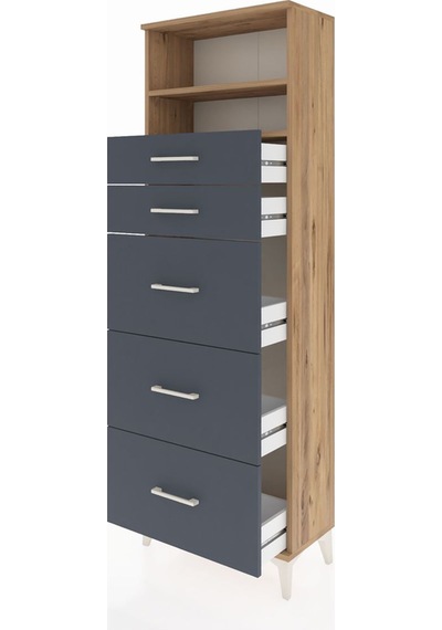 Arges Dolap 2 Raflı 5 Çekmeceli 60x30x182 Çam-antrasit Çam