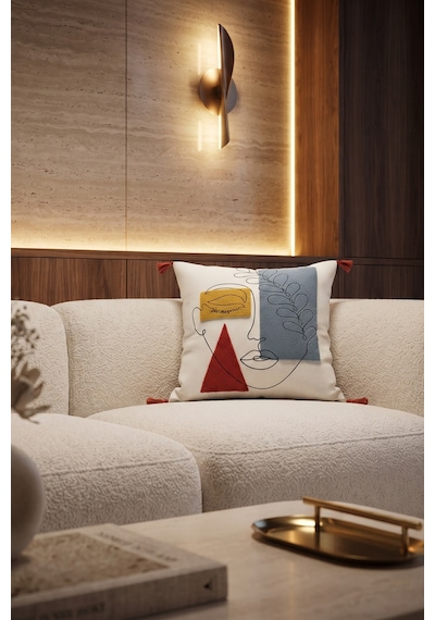 Renkli Soyut Kadın Yüzü Ve Yaprak Desenli Punch Nakışlı Püsküllü Pamuk Kırlent Kılıfı 42x42 Cm Bej