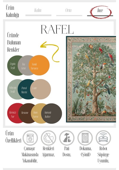 Rafel 900 Ağaç Botanik Çiçekli Halı Yıkanabilir İnce Dokuma Taban Yolluk Salon Oturma Odası Halısı Renkli A