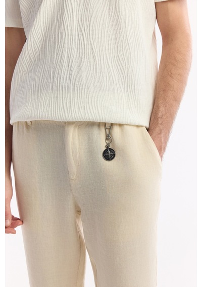 Avva Erkek Bej Beli Lastikli %100 Keten Relaxed Fit Pantolon B003032