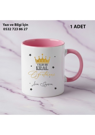 Yılın Öğretmeni Temalı Baskılı Kupa Bardak Öğretmene Hediyelik Şık Tasarımıyla İsim Yazılır Pembe