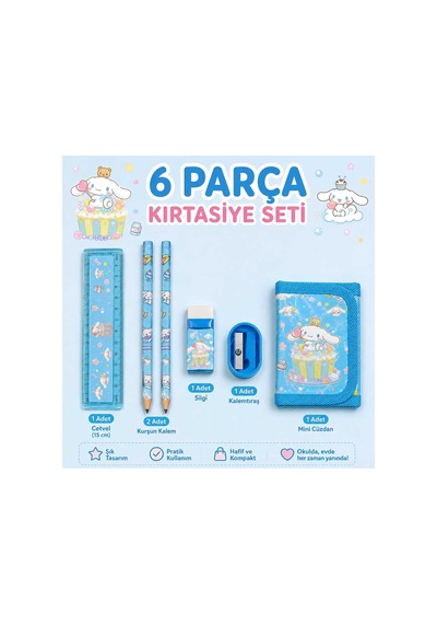 6 Parça Mavi Sevimli Karakter Kırtasiye Okul Seti