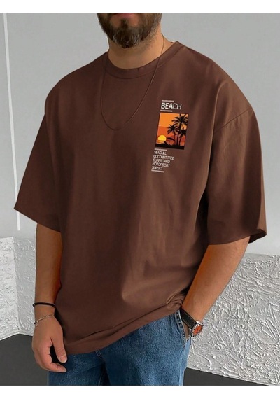 Beach Logo T-shirt - Kahve Baskılı Oversize Bisiklet Yaka Kısa Kol Kahverengi