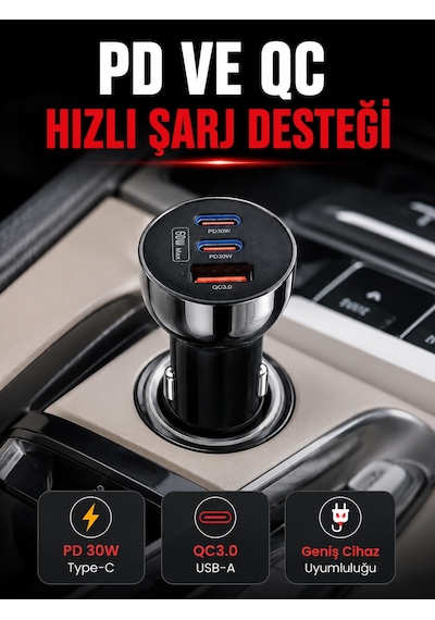 3 Portlu Araç İçi Şarj Adaptörü Çift Pd Type-c Ve Qc3.0 Usb Çıkışlı - Lisinya