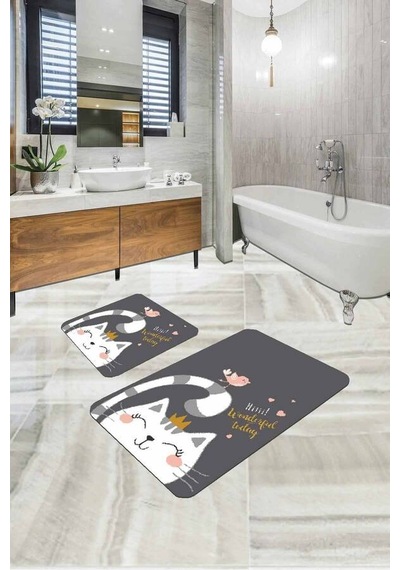Gri Kedili Banyo Halısı Klozet Takımı 2'li Paspas Seti Bs258n11