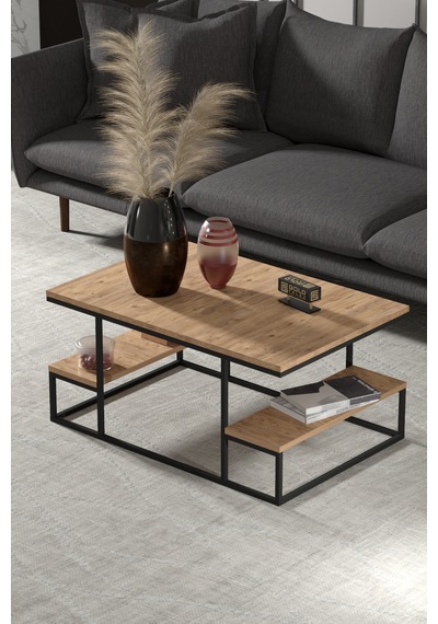Reyo Falez Deluxe Raflı Orta Sehpa 60x90 Cm Modern Dikdörtgen Orta Sehpa Atlantik Çam