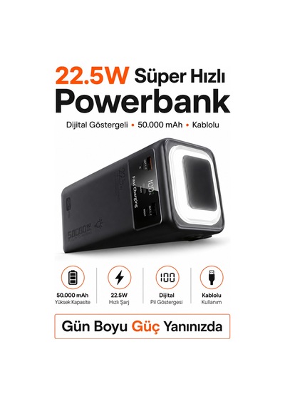 50000 Mah 22.5w Süper Hızlı Şarj Dijital Ekranlı Kablolu Led Işıklı Powerbank Siyah