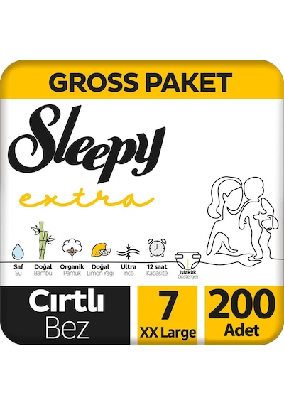 Sleepy Extra 7 Beden Bebek Bezi Gross Paket 100x2 200 Adet 7 Numara
