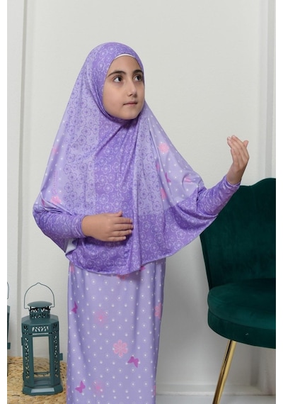 Çocuk Namaz Takımı Pratik İki Parça Desenli Kollu Tak Çıkar Başörtülü Likralı Tesettür Elbise 6-12 Yaş 901-0102 Çok Renkli