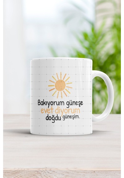 Bakıyorum Güneşe Evet Diyorum Doğdu Güneşim Kupa Bardak Beyaz