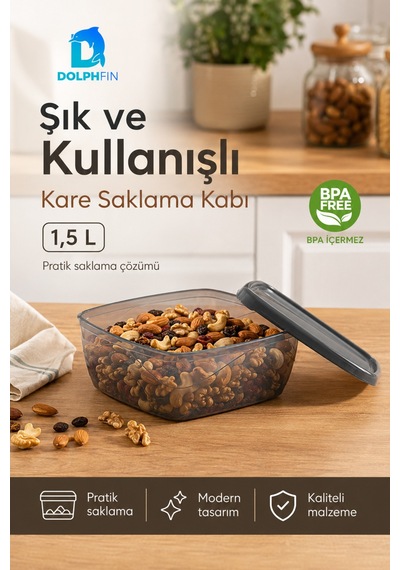 Kare Saklama Kabı 1,5 Litre Füme Şeffaf Siyah Kapaklı Buzdolabı Kabı Bpa İçermez