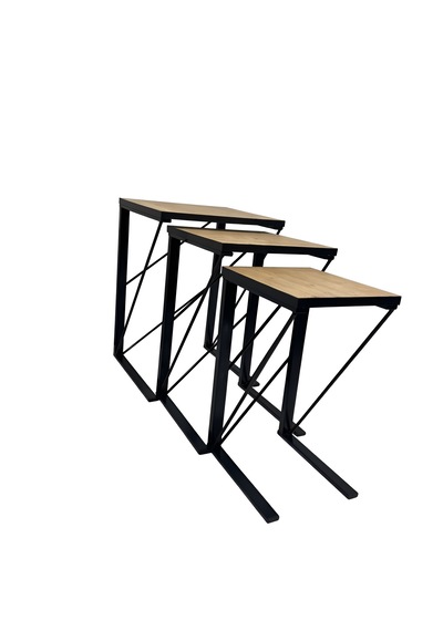 Modern Metal Ayaklı 3'lü Zigon Sehpa Takımı - Siyah Ve Ahşap Desenli Safir Meşe