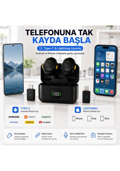 Coofbe Dijital Şarj Göstergeli 2'li 2.4 Ghz Kablosuz Yaka Mikrofonu, Apple Uyumlu iPhone Android Uyumlu, 20 Hz 20 Khz