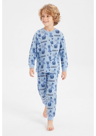 Bunny Hopp %100 Pamuk Süprem Erkek Çocuk Pijama Takımı Mavi Piksel Desenli Gamer Temalı Penye