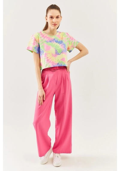 Kadın Oversize Rahat %100 Pamuklu Penye Bisiklet Yaka Kısa Kol Basic Crop T-shirt Batik Gökkuşağı