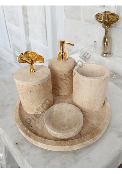 Sarı Traverten Klasik Model 5 Parça Gold Renk Japon Gülü Aksesuarlı Banyo Seti Sarı Traverten