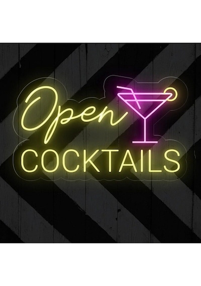 Open Cocktaıls Yazılı Ve Şekilli Neon Tabela Sarı