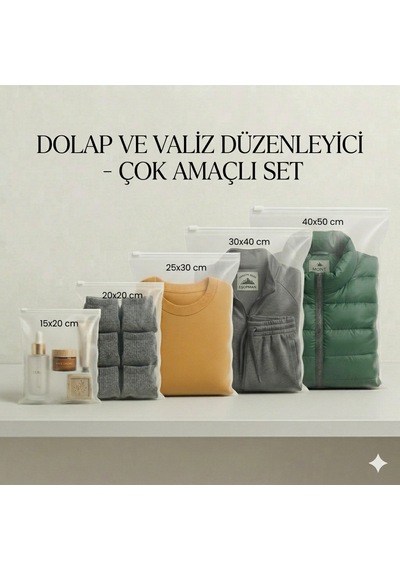 Fermuarlı Yarım Mat Buzlu Şeffaf Tekstil Saklama Torbası Seti, 140 Mikron, Bpa İçermez 5 Farklı Ölçü Her Ölçüden 5'er Adet -toplam 25 Parça