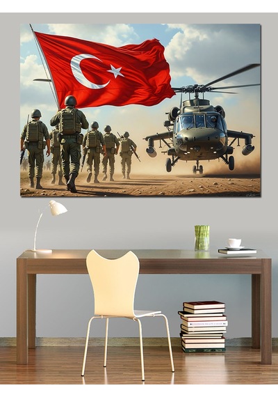 Ahşap Tablo Türk Bayraklı Askerler Ve Helikopter