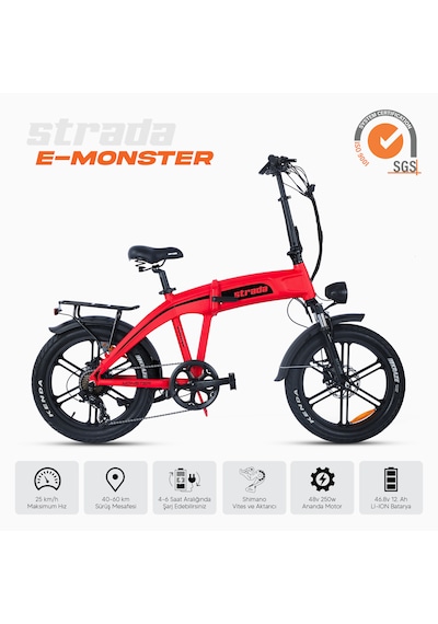 Stradacycles E-monster 20 Jant Katlanabilir Yüksek Torklu Elektrikli Bisiklet Kırmızı
