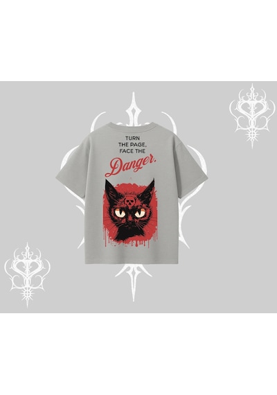 Tarzsokak Gotik Kedi Arka Baskılı Oversize Tshirt Gri
