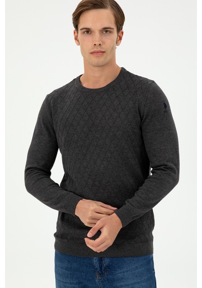U.S. Polo Assn. Erkek Slim Fit Bisiklet Yaka Antrasit Melanj Kazak 50297055-VR081
