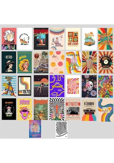 Psychedelic Retro Poster, Indie Kolaj Poster Seti, Dekoratif Poster Kolaj Seti, Çerçevesiz Hediyelik Poster - 30 Adet - 10cm X 15cm