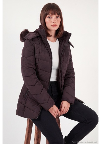 Lela Kapitoneli Slim Fit Çıkarılabilir Kapüşonlu Mont Kadın Mont 497mara Mürdüm