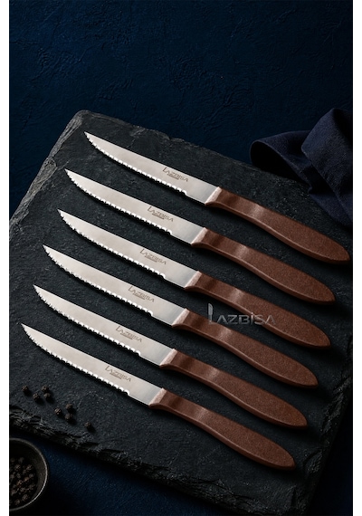 Lazbisa Hand Caft Serisi Steak Mutfak Bıçak Seti 6'lı Steak Et Yemek Bıçağı Mft-2344 Kahverengi