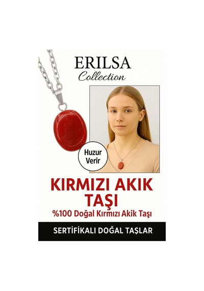 Erilsa Sertifikalı Oval Bayrak Kırmızı Akik Taşı Kolye Güç, Koruma Ve Çok Renkli