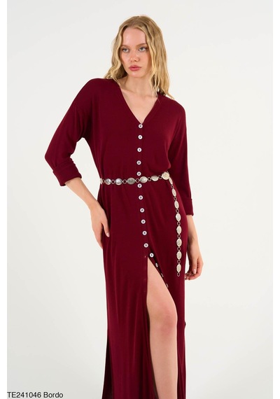 Butik Belvita Düz Düğmeli Elbise Bordo