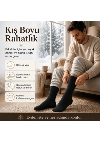 Genel Erkek Siyah Kışlık Termal Havlu Çorap 12'li Dikişsiz Esnek, Sıcak Tutan, Güç Siyah 12'li / 39-44