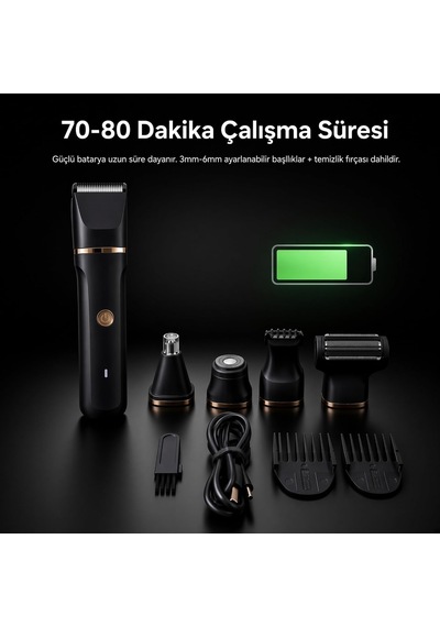 Tr Erkek Bakım Seti Yüz Saç Sakal Vücut Tıraş Makinesi Islak Kuru Ipx7 Su Geçirmez Seramik Bıçak Şarj Standlı 1 - 2 Saat