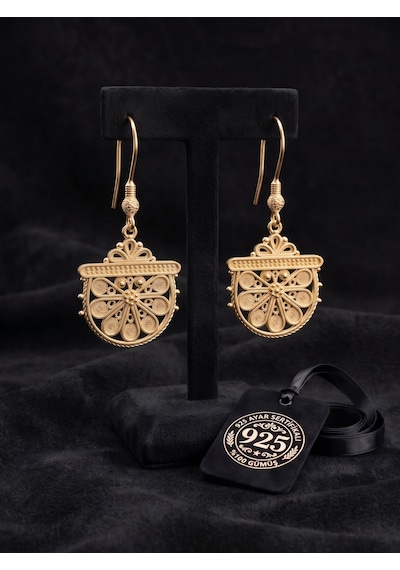 925 Ayar Gümüş Geleneksel Telkari Gold Yelpaze Özel Tasarım Sallantılı Küpe