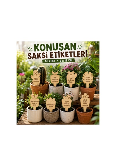 Arliadesign Konuşan Saksı Etiketi 8'li Mdf Ahşap Bitki Etiketi Dekoratif Saksı Süsü 8x16 Cm