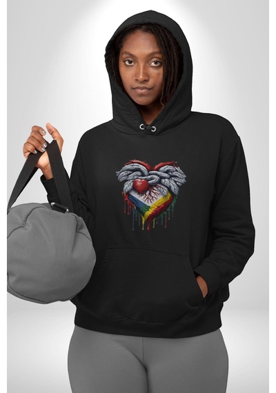 Kalp Damar Renkli Boyalı Kadın Erkek Siyah Kapüşonlu Sweatshirt Hoodie Siyah