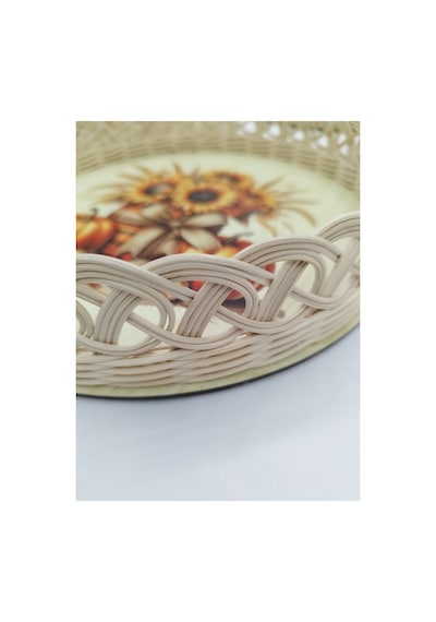 %100 Doğal El Yapımı 1. Sınıf Mdf Tabanlı Kabak & Çiçek Temalı Dekoratif Rattan Sunum Tepsisi 30 Cm, 6 Cm, 2 Mm