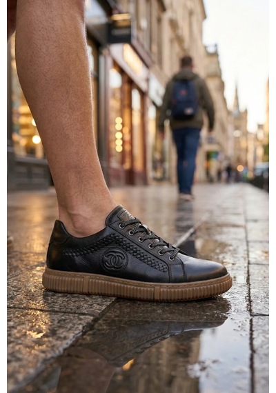 Hakiki Deri Ayakkabı Erkek Sneaker Konforlu Kaymaz Silikon Taban Siyah Siyah