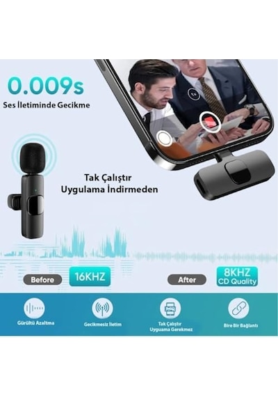 K9-d Type C Lightning Wireless Kablosuz Mikrofon Dönüştürücülü Tak Çalıştır Android Telefon Tablet Ipad Tekli Yaka Mikrofonu K9-d