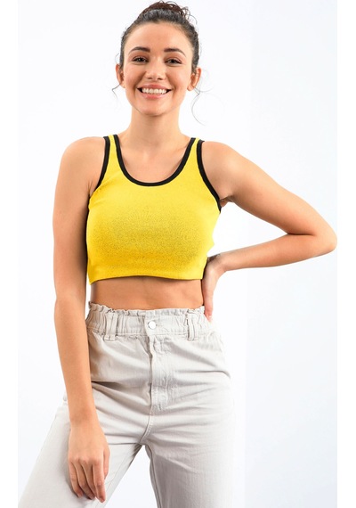 Tommy Life Sarı Basic Sıfır Kol Dar Kalıp U Yaka Kadın Crop Top Atlet - 97162 Sarı