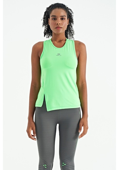 Tommy Life Neon Yeşil Yırtmaç Detaylı O Yaka Sıfır Kollu Standart Kalıp Kadın Spor Atlet - 97256 Neon Yeşil